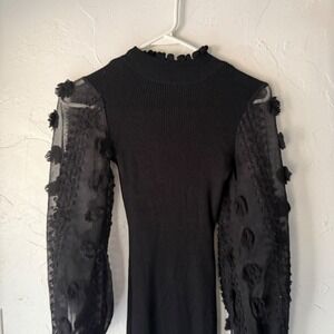 Almost Famous‎ Black Ribbed Bodycon Dress Sheer Floral Mesh Balloon Sleeve Party
